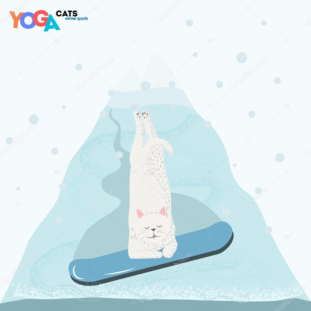 cat doing yoga on snowboard. Stylized pet in pose. Winter sports funny cartoon scene Vector illustration.