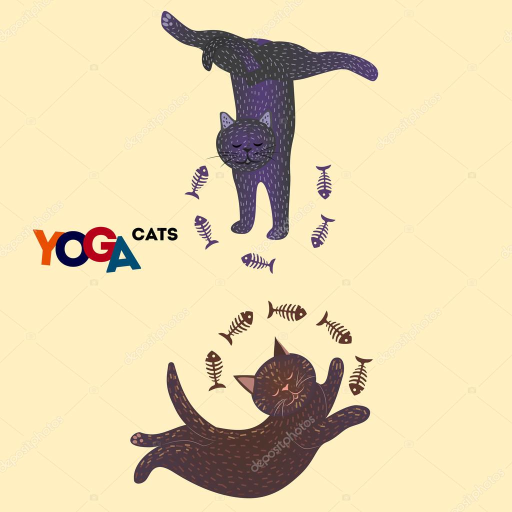 gatti di yoga Animali stilizzati in pose Insieme divertente Animali stilizzati in pose Insieme divertente Colori vivaci Illustrazione