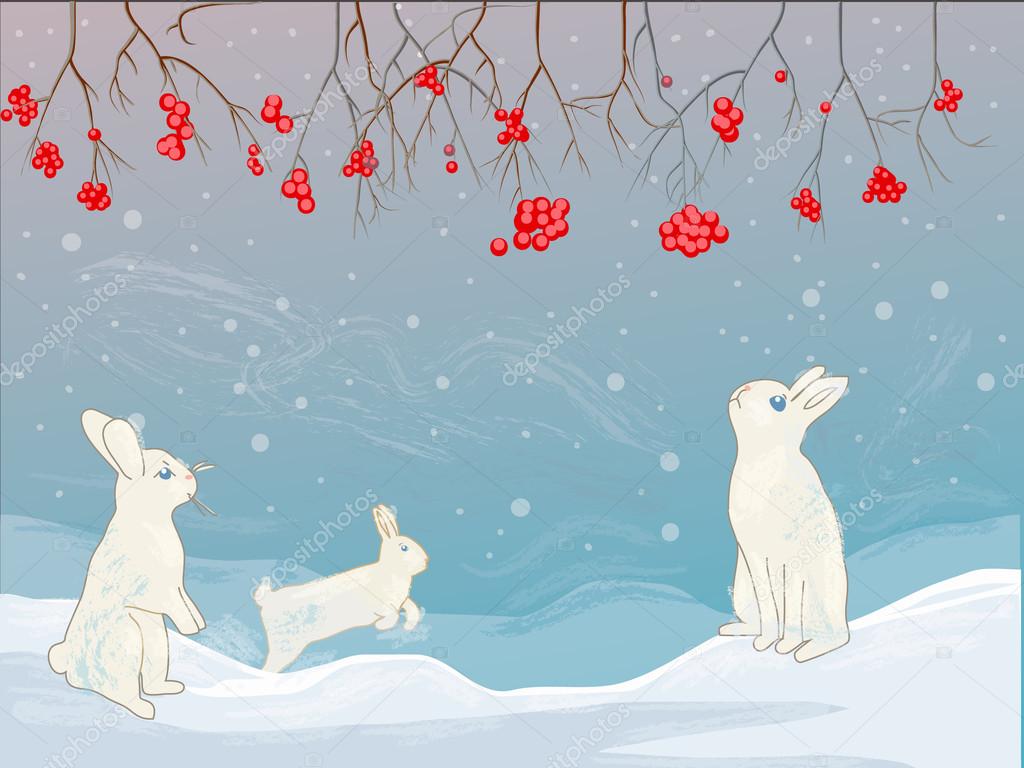 christmas card. Winter landscape with snow, cranberry and rabbits. Vector illustration.