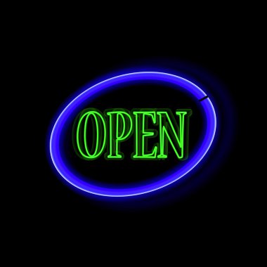 Neon çerçeve aç. Vintage elektrik tabela ile parlak neon ışıkları. Vektör çizim