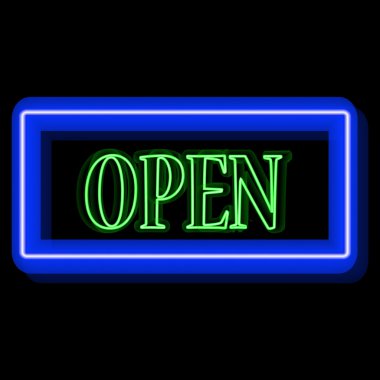 Neon çerçeve aç. Vintage elektrik tabela ile parlak neon ışıkları. Vektör çizim