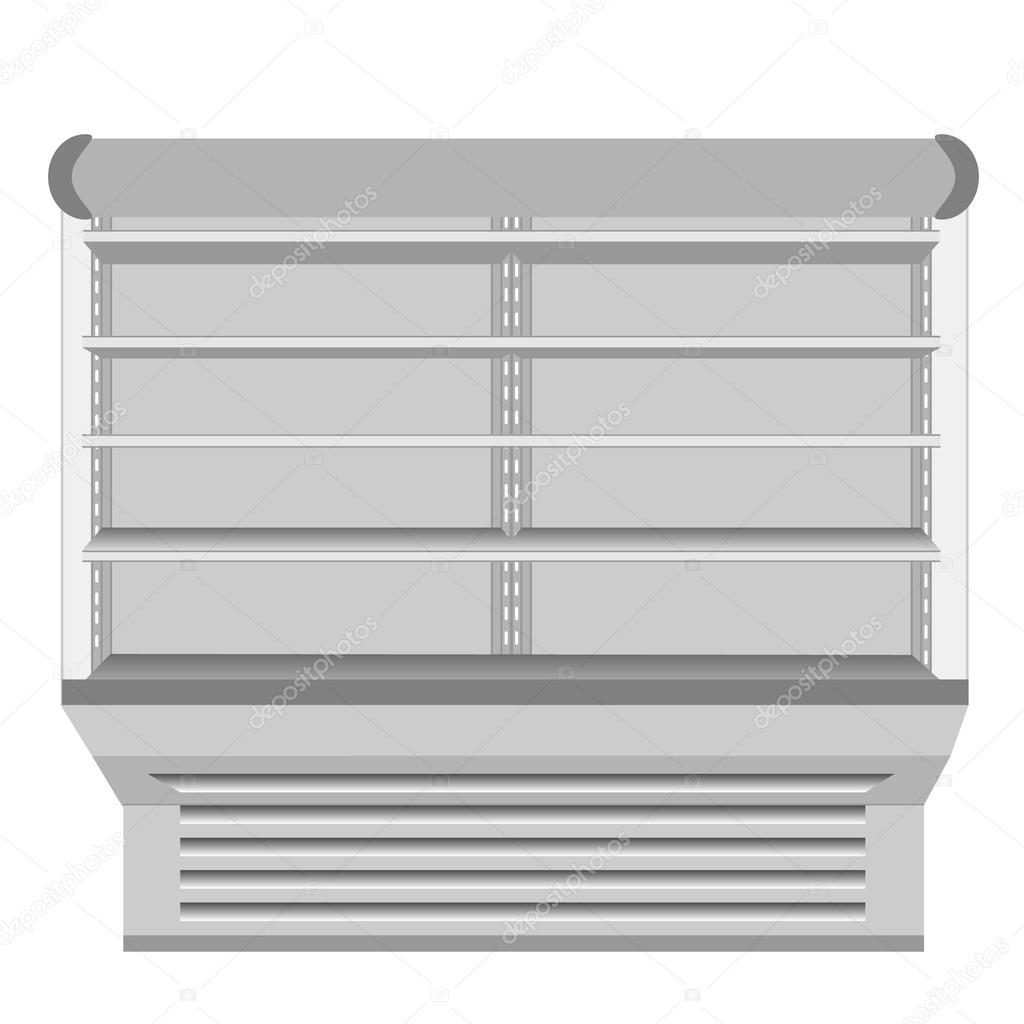 Cooled Regal Rack Refrigerator Wall Cabinet Blank Empty Showcase Displays. Retail Shelves. 3D Products On White Background Isolated. Mock Up Ready For Your Design