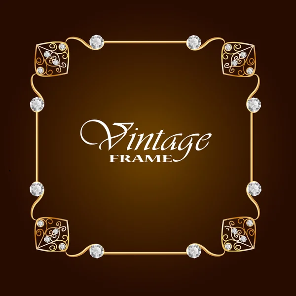 Gold frame with diamond. Vintage frame. Round frame with flowers. Jewelry frame. Vector frame. Can use for greeting card or invitation template, advertising or your idea. Vector illustration