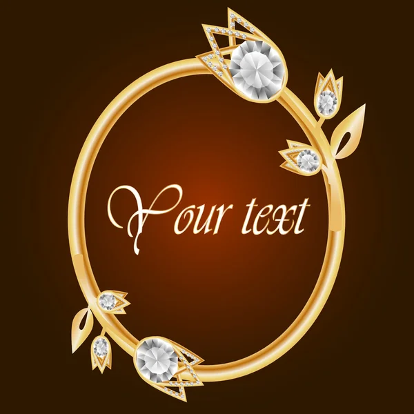 Gold frame with diamond. Vintage frame. Round frame with flowers. Jewelry frame. Vector frame. Can use for greeting card or invitation template, advertising or your idea. Vector illustration — Stockový vektor