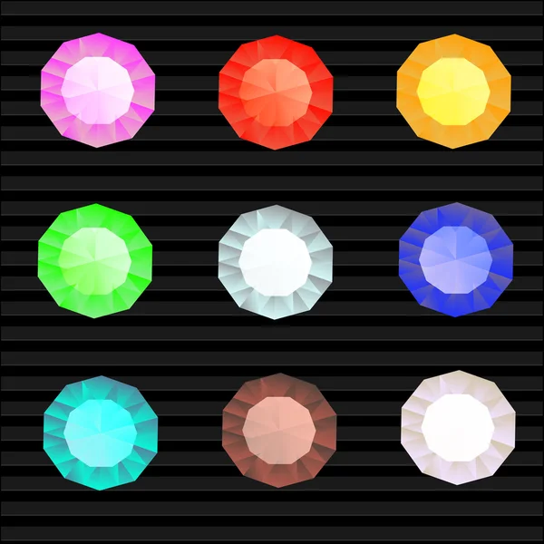 Векторный набор цветных драгоценных камней, круглые бриллианты на черном — стоковый вектор