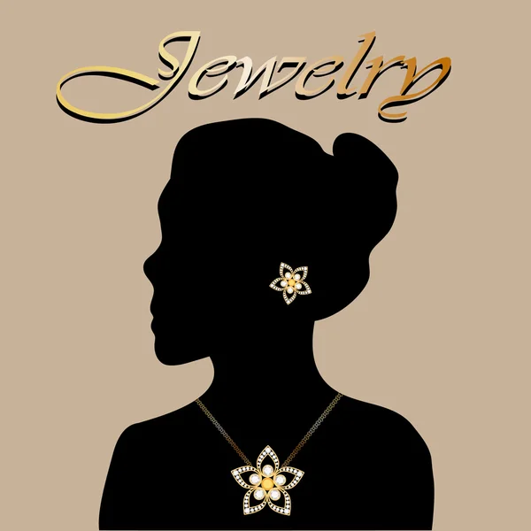 Silueta de mujer hermosa con flores de joyería. Vector de joyas. Cuadro de joyas. Joyería JPEG. Fondo de joyería. Joyas mujer . — Archivo Imágenes Vectoriales