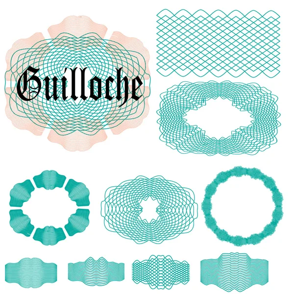 Conjunto de elementos Guilloche. Pincelar para crear elementos guilloche. Elementos listos para su uso. Ilustración vectorial . — Vector de stock