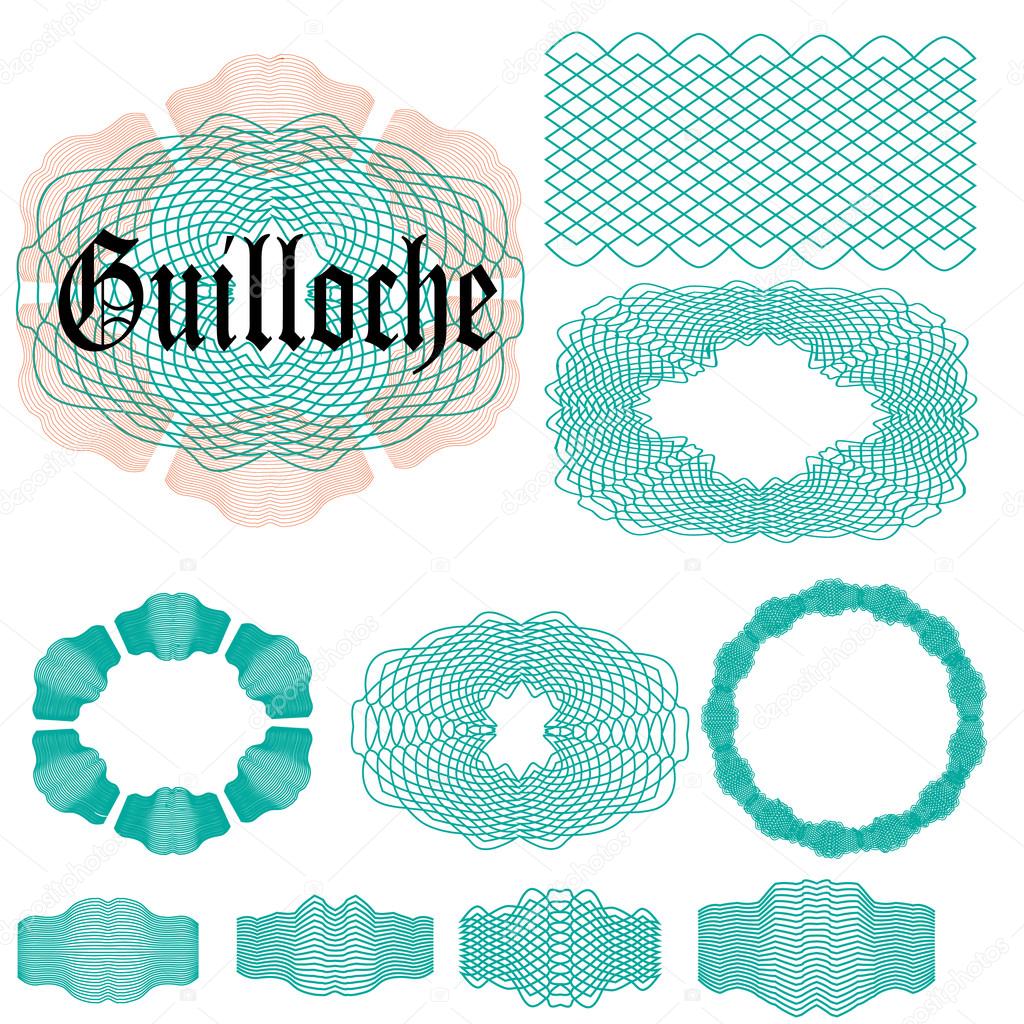 Set of Guilloche elements. Brush to create guilloche elements. Elements ready for your use. Vector illustration.