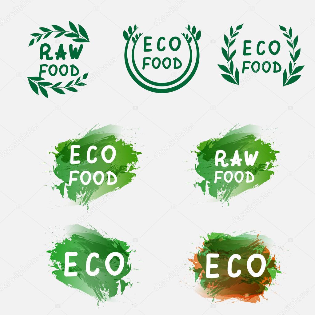 Labels with eco food and raw food designs. Hand draw letters. Eco food tags and elements for your design.Vector illustrated