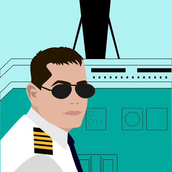 Piloto sentado en una cabina de avión volando — Vector de stock