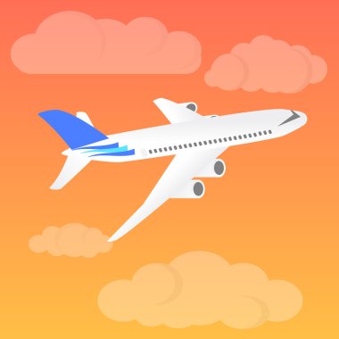 Airplane landing at sunset. Flight of the plane in the sky. Passenger planes, airplane, aircraft, flight, clouds, sky. Vector illustration
