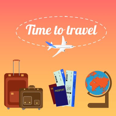 Düz stil tasarım seyahat kavramı vektör illüstrasyon. Uçak, turist bagaj, pasaport, bilet ve küre. Tatil geçmişi. Seyahat geçmişi. Vektör çizimi