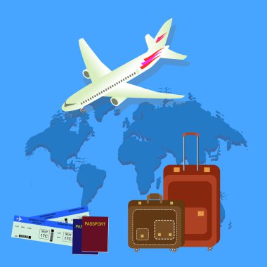 Travel isometric composition. Travel and tourism background.  World travel banner background with aircraft, map, passport and bags. Flat design. Vector illustration