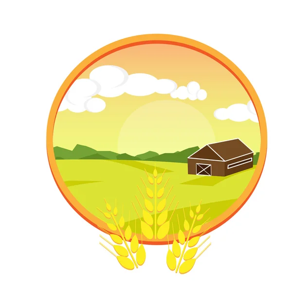 Farm landscape. Farm landscape illustration. Field wheat background. Wheat ear emblem. Vector illustration — Stok Vektör