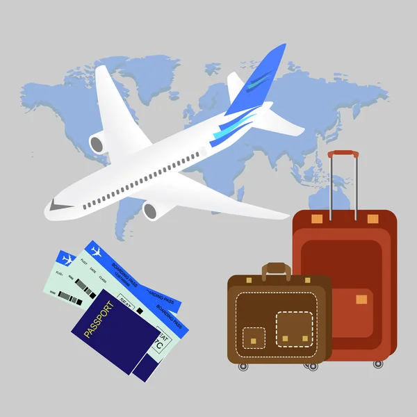 Travel isometric composition. Travel and tourism background.  World travel banner background with aircraft, map, passport and bags. Flat design. Vector illustration