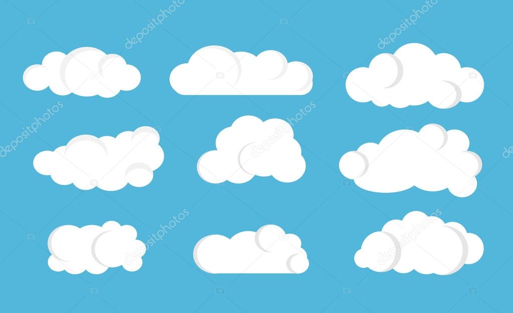 Set of cartoon clouds on a blue background. Vector illustration