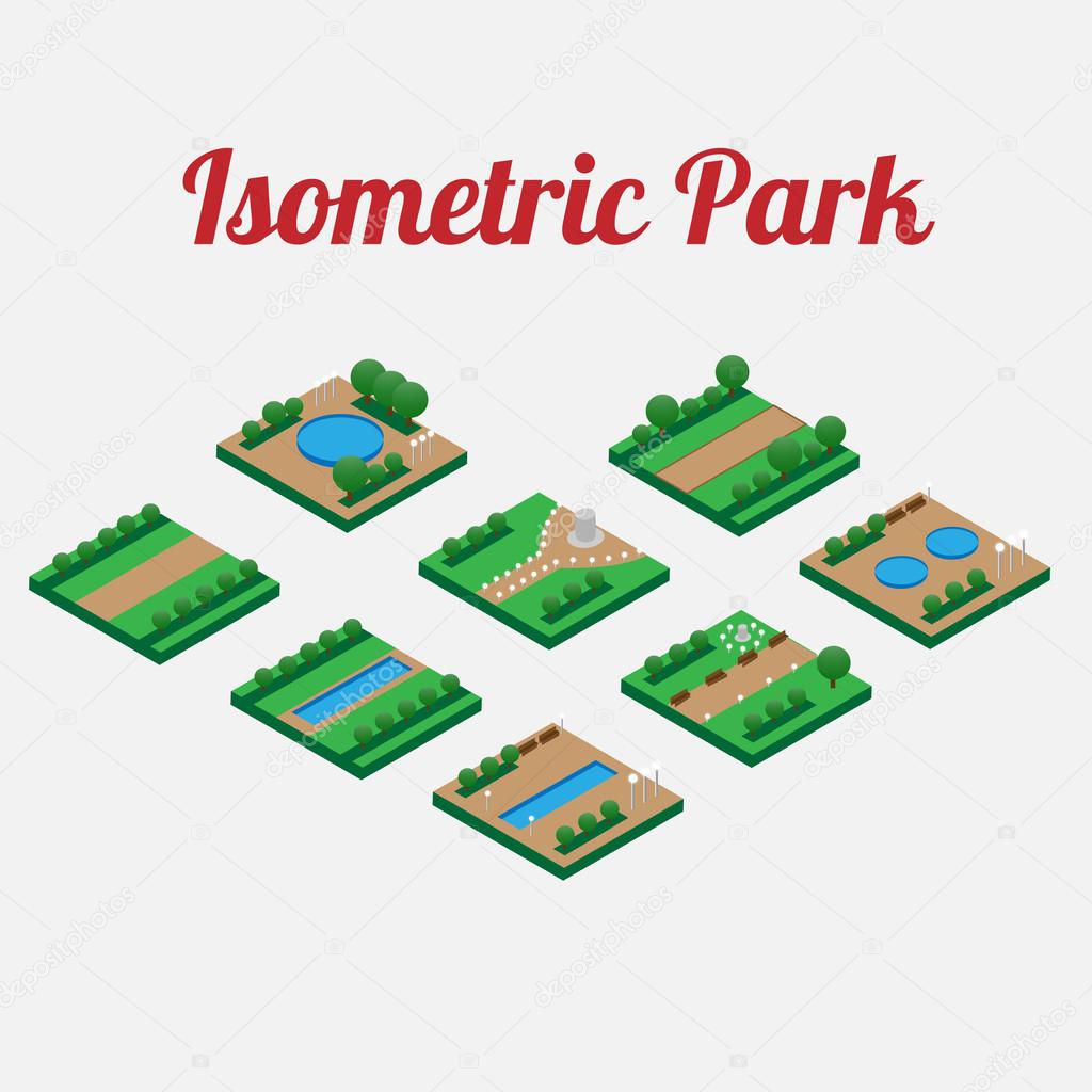 City park furniture with with alleys and pool. City map elements isometry. Isometric infographic. Vector illustration