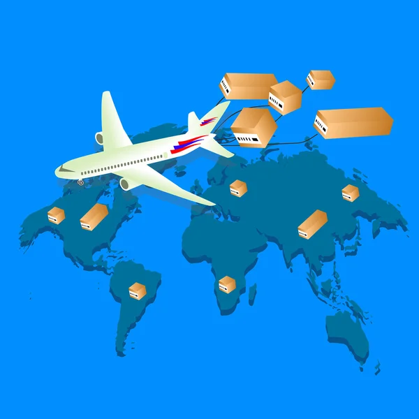 Küresel Lojistik ağı. Lojistik konsepti. Lojistik Vektör. Lojistik taşımacılık. Lojistik biyometrik. Lojistik 3d. Lojistik arka plan. Uçak kutuları ile uçar. Vektör çizimi