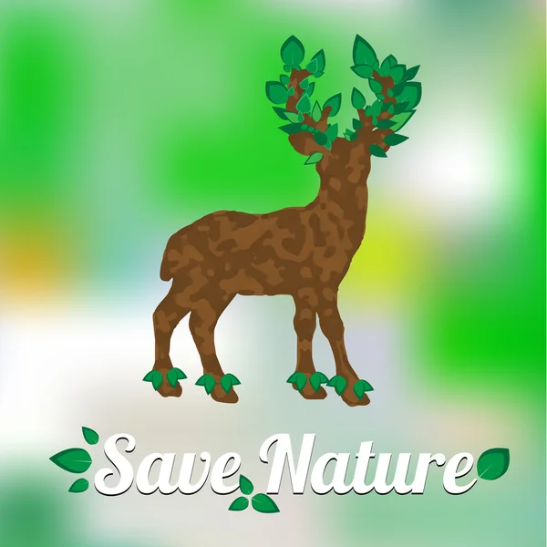 Elemento para el Día Mundial del Medio Ambiente. Ciervo con cuernos en forma de árbol con hojas. Inscripción Save Nature. Icono de ciervo. Ilustración vectorial — Vector de stock