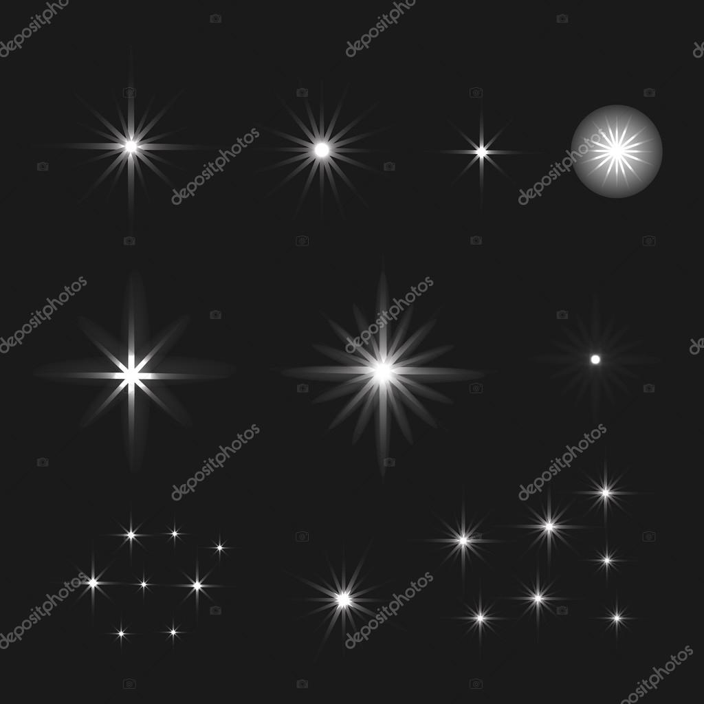 Set of Vector glowing light effect stars bursts with sparkles on black background. Stars background.