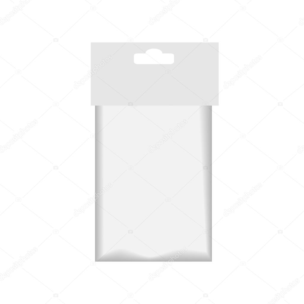 White Blank Plastic Pocket Bag. Transparent. With Hang Slot. Illustration Isolated On White Background. Mock Up Template Ready For Your Design. Vector Illustration