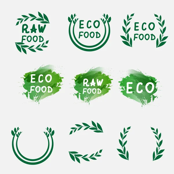 Ele Logotype set çekin. Yeşil logo, suluboya etiketleri, öğeleri bitkiler. Organik logosunu görmeniz gerekir. El çizim harfleri. Vektör çizim