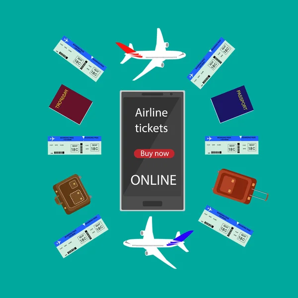 Companhia aérea da Internet. Reserva de bilhete de voo on-line via infográfico internet telefone inteligente. Compra ou reserva de bilhetes de avião . — Vetor de Stock