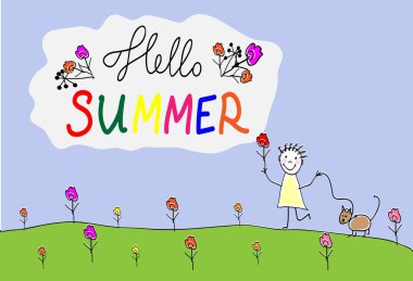 Kız açık havada kedi ile oynarken. Merhaba yaz el harfler çizmek. Birlikte dışarıda parkta oynarken. Doodle, elle çizilmiş kroki, karalama. Vektör çizim