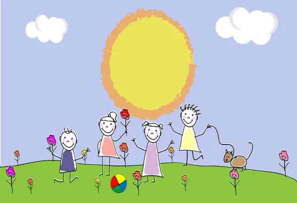 Grupo de niños de niños. Jugando al aire libre en el parque. Doodle, boceto dibujado a mano, garabato. Ilustración vectorial — Archivo Imágenes Vectoriales
