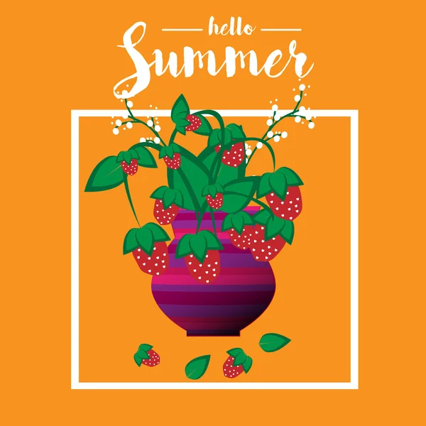 Erdbeerstrauß in einer Vase. Zitat Hallo Sommer. Sommer-Hintergrund. Sommerillustration. Vektor — Stockvektor