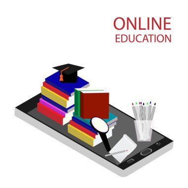 Online Eğitim izometrik düz vektör kavramı. 3D izometrik tasarım düz. Online Eğitim kursları, yeniden eğitme, uzmanlık, öğreticiler. Vektör çizim.