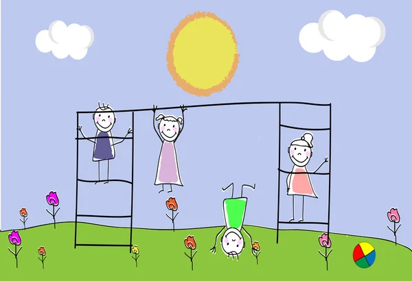 Grupo de niños de niños. Jugando juntos al aire libre. Zona de juegos para niños. Doodle, boceto dibujado a mano, garabato. Ilustración vectorial — Archivo Imágenes Vectoriales
