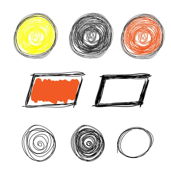 Hand drawn Scribble circle, oval, rectangle, border elements in trendy grunge style. Colorful pencil doodles set of shapes, frames isolated on white background. Vector illustration. — Stock Vector