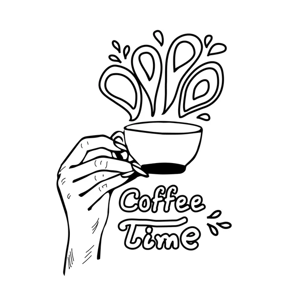 Tempo de café lettering com a mão da mulher leva xícara de café. Desenho à mão ilustração — Vetor de Stock