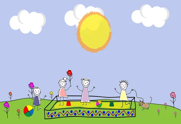 Grupo de niños de niños. Jugando juntos al aire libre. Zona de juegos para niños. Doodle, boceto dibujado a mano, garabato. Ilustración vectorial — Archivo Imágenes Vectoriales