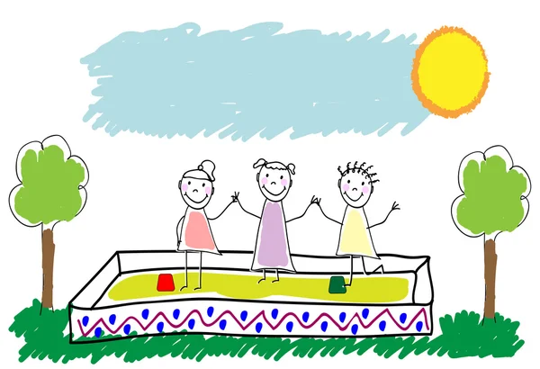 Grupo de niños de niños. Jugando juntos al aire libre. Zona de juegos para niños. Doodle, boceto dibujado a mano, garabato. Ilustración vectorial — Archivo Imágenes Vectoriales
