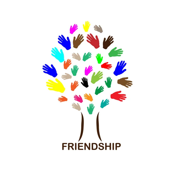 Feliz dia da amizade ilustração. Mãos de cores diferentes. Árvore abstrata de mãos humanas. Ilustração vetorial —  Vetores de Stock