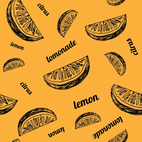 Skizze Stil Hintergrund. Handgezeichnetes Zitronenmuster auf orangefarbenem Hintergrund. Worte im Hintergrund. Vektorillustration. — Stockvektor