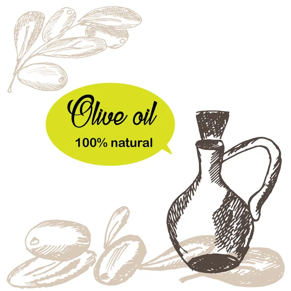 Elle çizilmiş zeytin dalı ile cam şişe. Stil arka plan kroki. Zeytin yağı 100 doğal teklifle doodle. Vektör çizim.