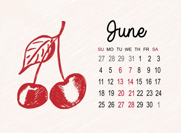 Calendário para 2017 em fundo de frutas. Mês de junho com cereja feita à mão em estilo esboço. Ilustração vetorial — Vetor de Stock