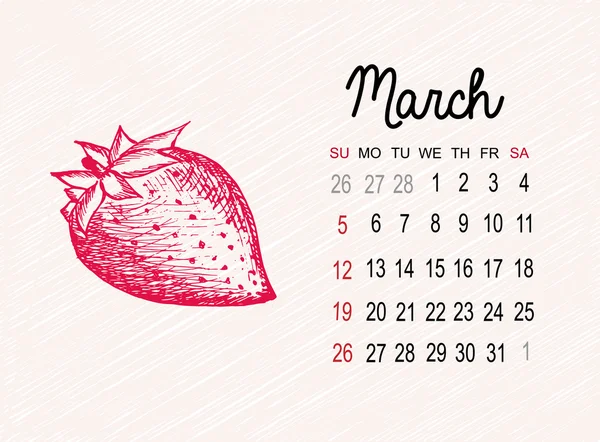 Calendario per il 2017 su sfondo frutta. Marzo mese con fragola fatto a mano in stile schizzo. Illustrazione vettoriale — Vettoriale Stock