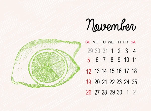 Kalender voor 2017 op fruit achtergrond. November maand met kalk handgemaakt in schets stijl. Vector illustratie — Stockvector