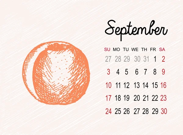 Calendar for 2017 on fruits background. September month with peach hand made in sketch style. Vector illustration — Stock Vector