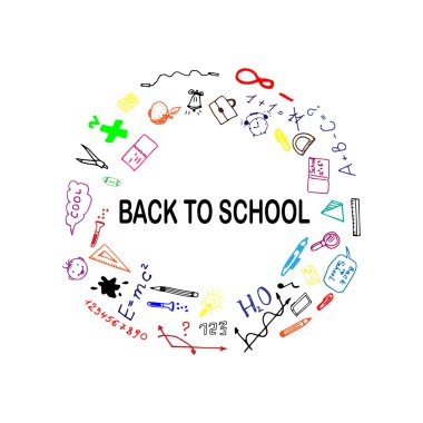 Okula geri illüstrasyon kroki. Serbest çizim karalamalar. El okul işareti dizi çekilmiş. Vektör çizim