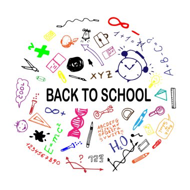 Okula geri illüstrasyon kroki. Serbest çizim karalamalar. El okul işareti dizi çekilmiş. Vektör çizim