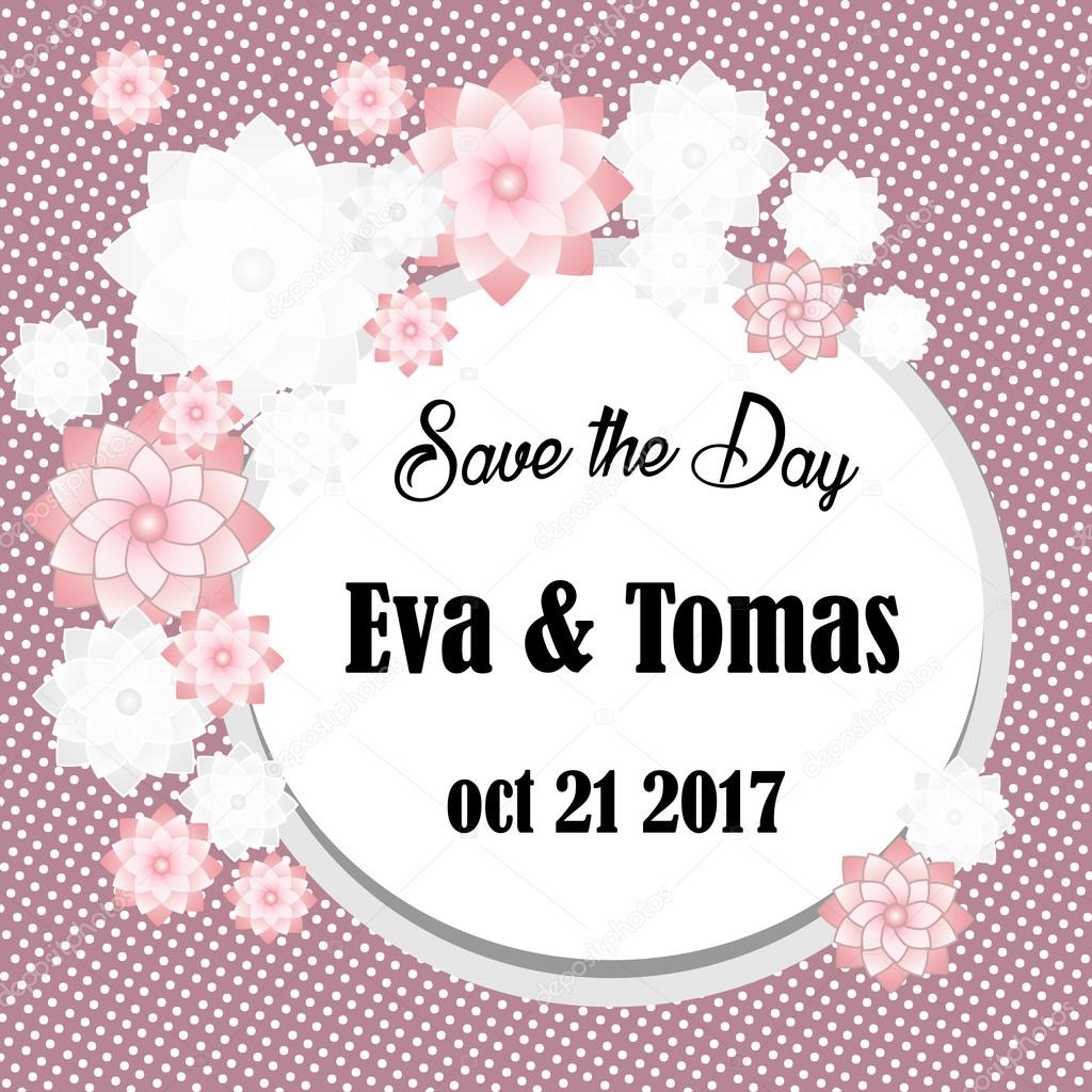 Elegant save the date card with original frame on retro background. Vintage wedding invitation or announcement template. Vector illustration