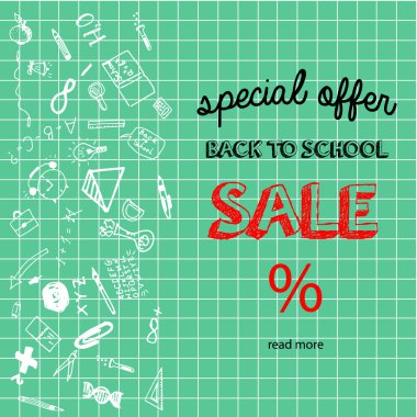 Geri okul satışı büyük başlığı için el drawndoodle elemanları ile. Stil arka plan kroki. Vektör esnaf