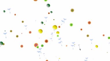 Havada süzülen çeşitli polenlerin 3 boyutlu animasyonu bahar alerjilerini tetikliyor. Uçan karahindiba fırıldağıyla. Beyaz arkaplanda düz renklere sahip grafiksel biçim.