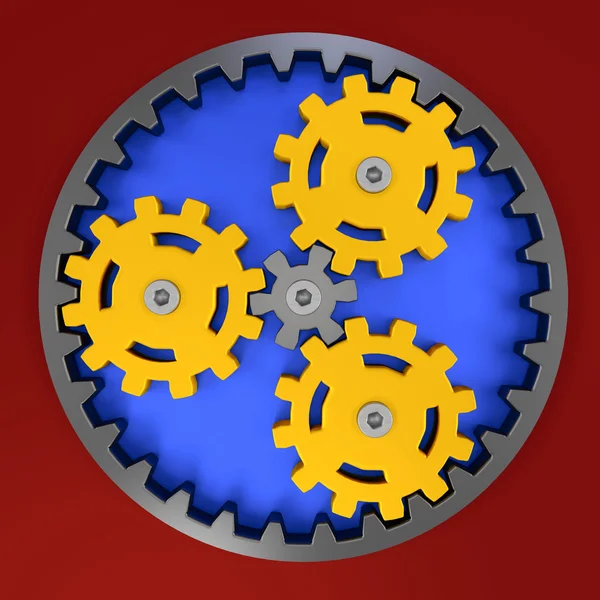 Mechanical gears planetary transmission yellow and blue plastic icons — Stock Photo, Image