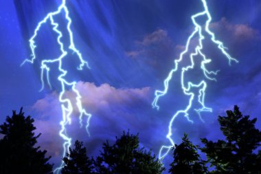 Şiddetli gök gürültülü fırtına yıldırım bulutları gökyüzü 3D illüstrasyon